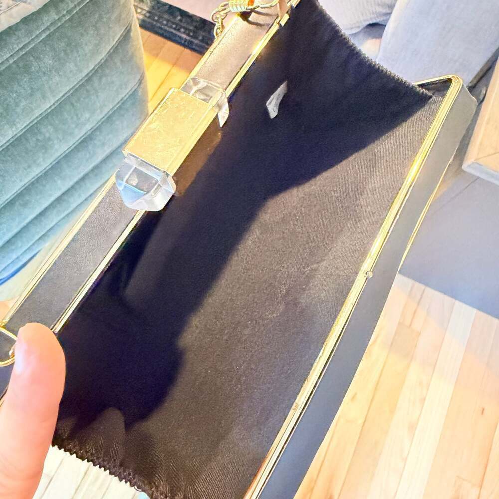 isti Whitiker Black Glitter Polka Dot Box Clutch with Gold Frame and Crystal Cla - Picture 6 of 6